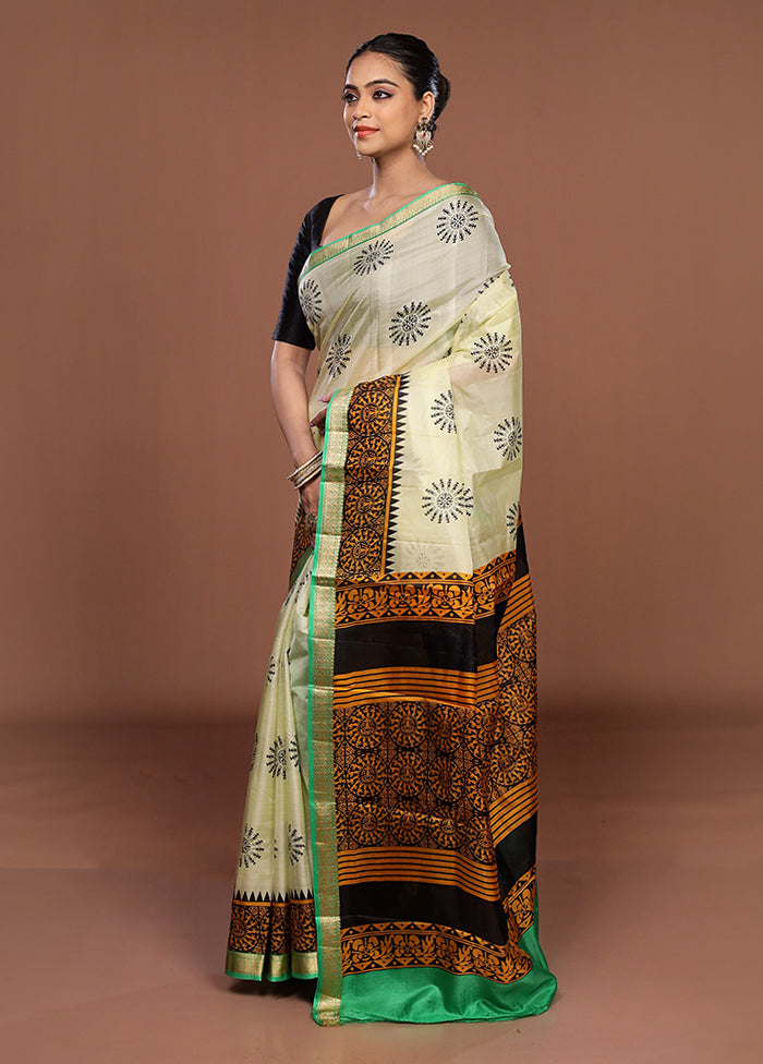 Cream Printed Pure Silk Saree Without Blouse Piece
