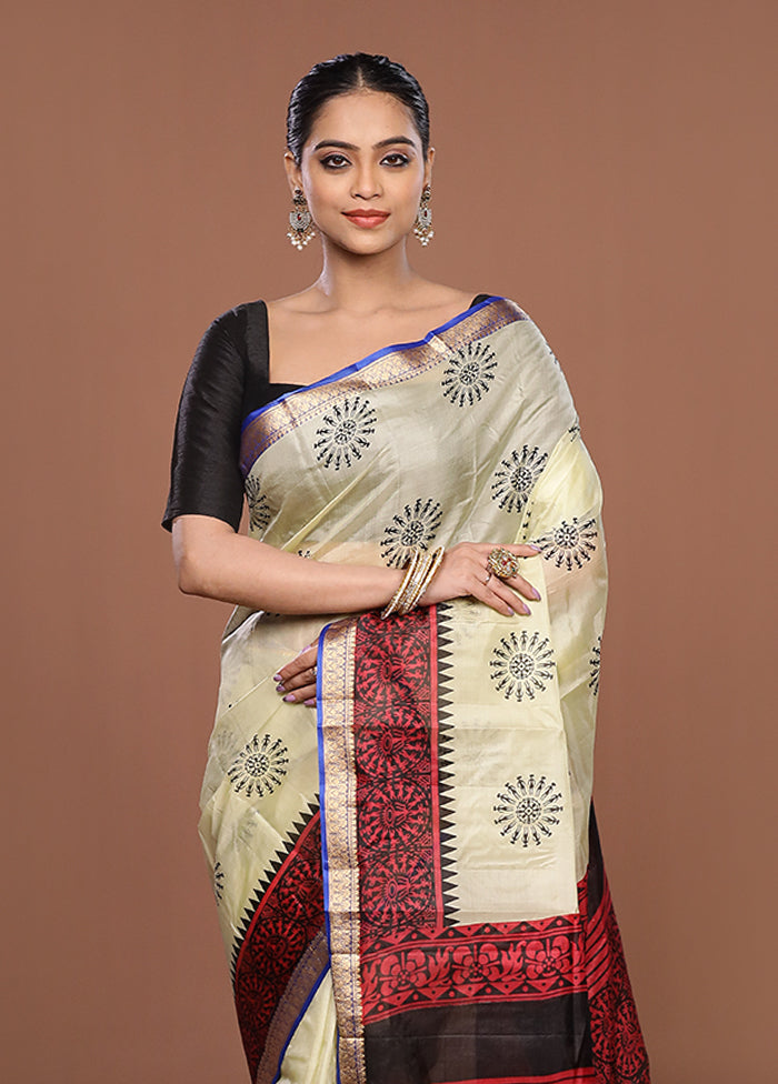 Cream Printed Pure Silk Saree Without Blouse Piece