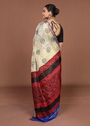 Cream Printed Pure Silk Saree Without Blouse Piece