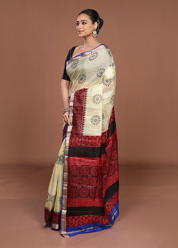 Cream Printed Pure Silk Saree Without Blouse Piece