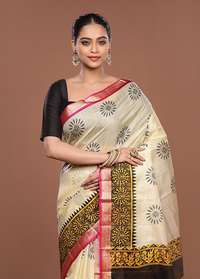 Cream Printed Pure Silk Saree Without Blouse Piece