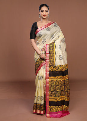 Cream Printed Pure Silk Saree Without Blouse Piece