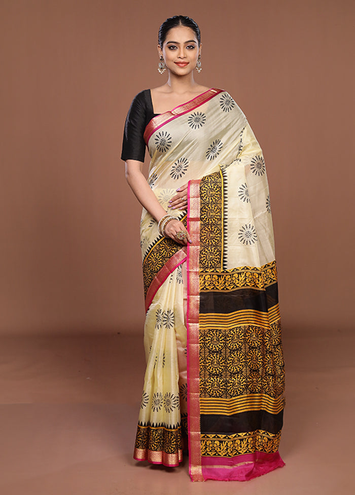 Cream Printed Pure Silk Saree Without Blouse Piece