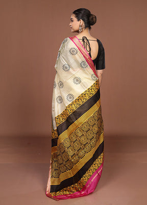 Cream Printed Pure Silk Saree Without Blouse Piece