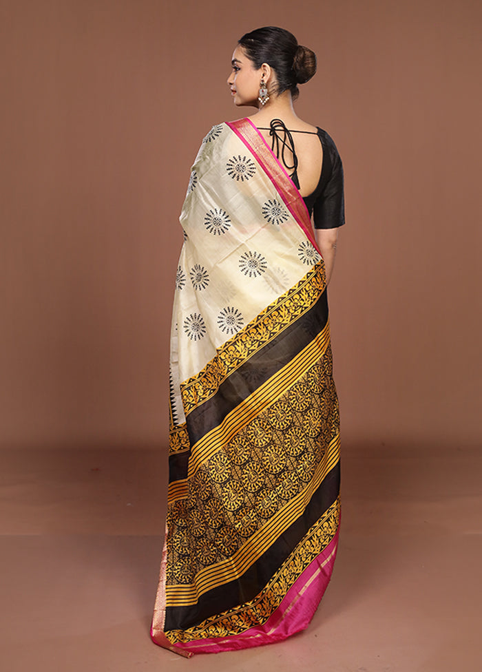 Cream Printed Pure Silk Saree Without Blouse Piece