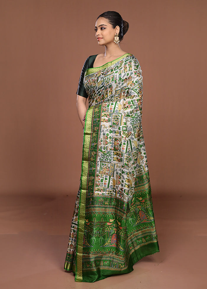 Cream Printed Pure Silk Saree Without Blouse Piece