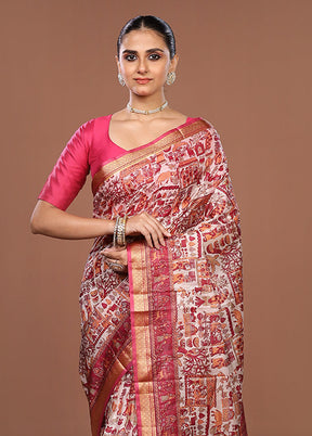 Cream Printed Pure Silk Saree Without Blouse Piece