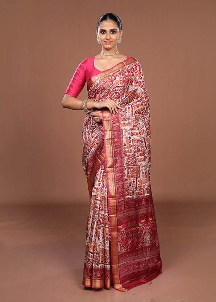 Cream Printed Pure Silk Saree Without Blouse Piece