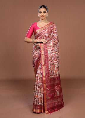 Cream Printed Pure Silk Saree Without Blouse Piece