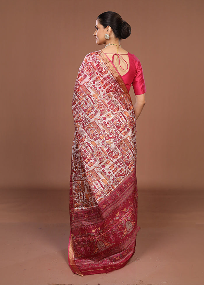 Cream Printed Pure Silk Saree Without Blouse Piece