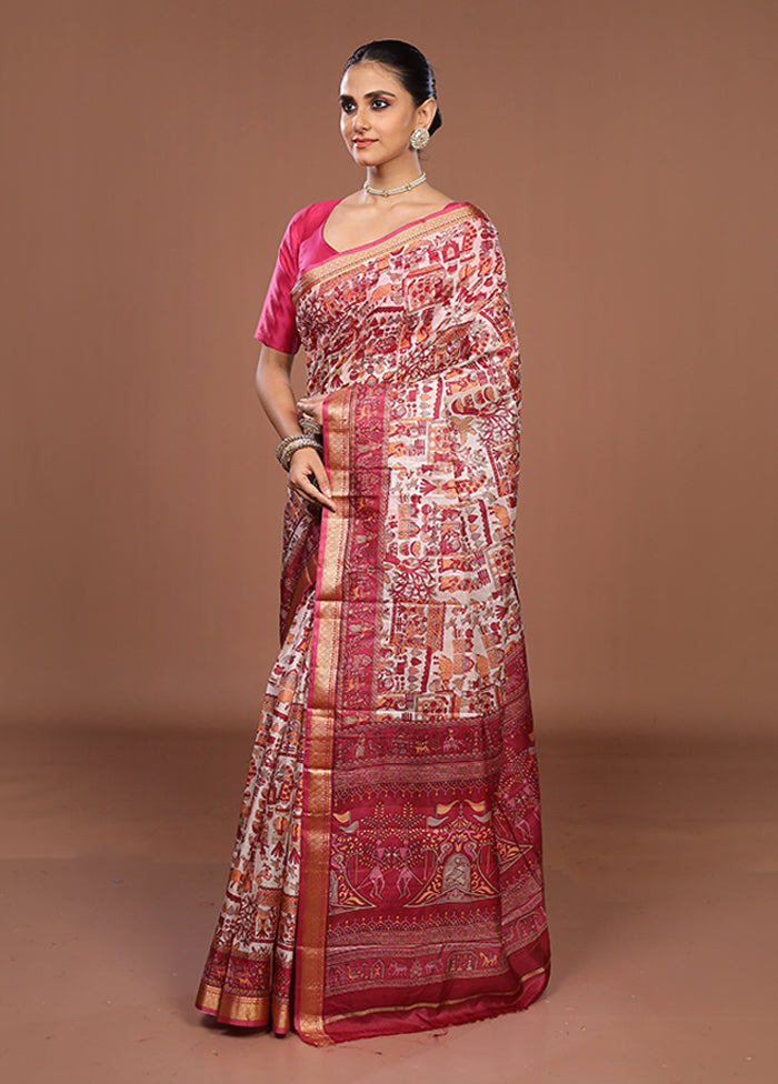 Cream Printed Pure Silk Saree Without Blouse Piece