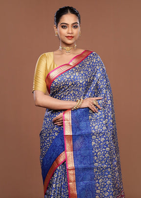 Blue Printed Pure Silk Saree Without Blouse Piece
