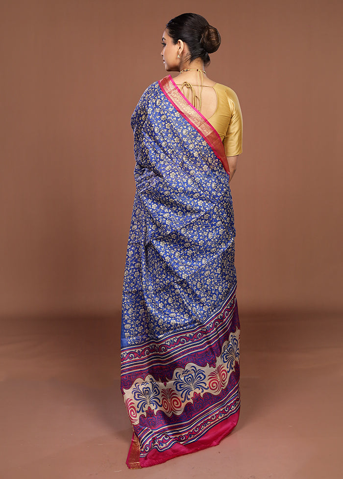 Blue Printed Pure Silk Saree Without Blouse Piece
