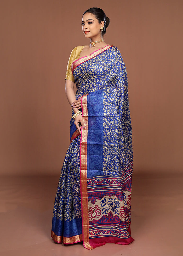 Blue Printed Pure Silk Saree Without Blouse Piece