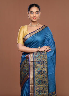 Blue Printed Pure Silk Saree Without Blouse Piece