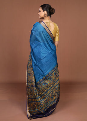 Blue Printed Pure Silk Saree Without Blouse Piece