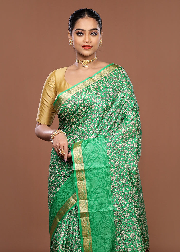 Green Printed Pure Silk Saree Without Blouse Piece