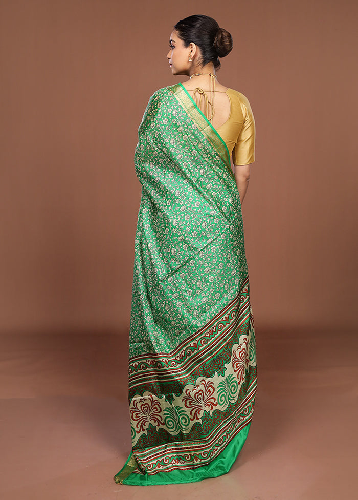 Green Printed Pure Silk Saree Without Blouse Piece