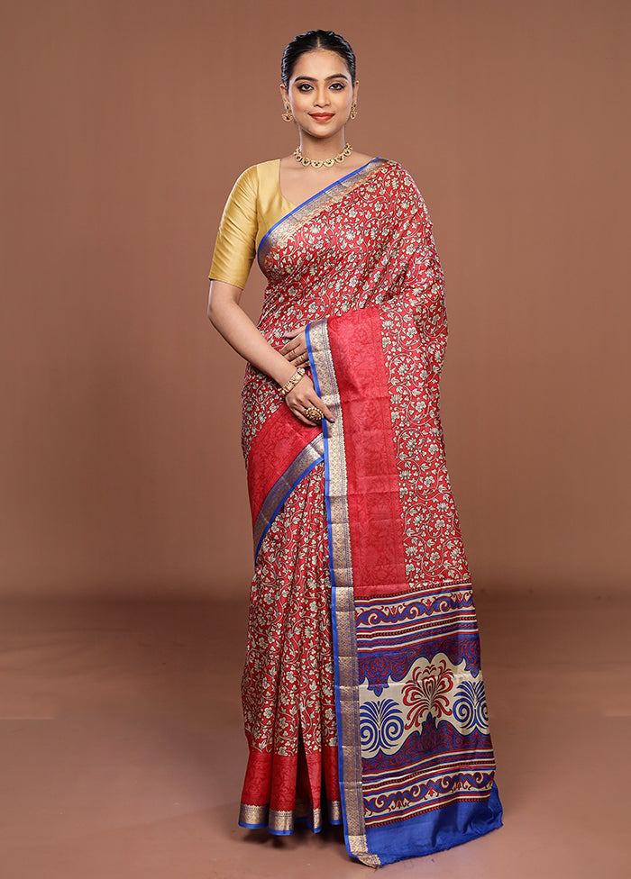 Red Printed Pure Silk Saree Without Blouse Piece