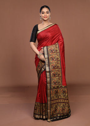 Red Printed Pure Silk Saree Without Blouse Piece