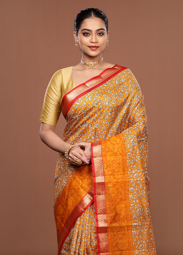 Yellow Printed Pure Silk Saree Without Blouse Piece