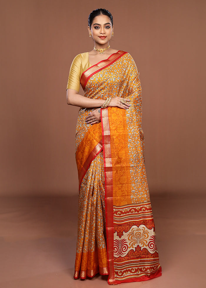 Yellow Printed Pure Silk Saree Without Blouse Piece