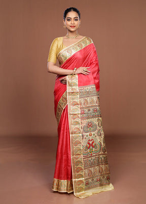 Pink Printed Pure Silk Saree Without Blouse Piece