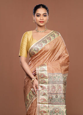 Cream Printed Pure Silk Saree Without Blouse Piece