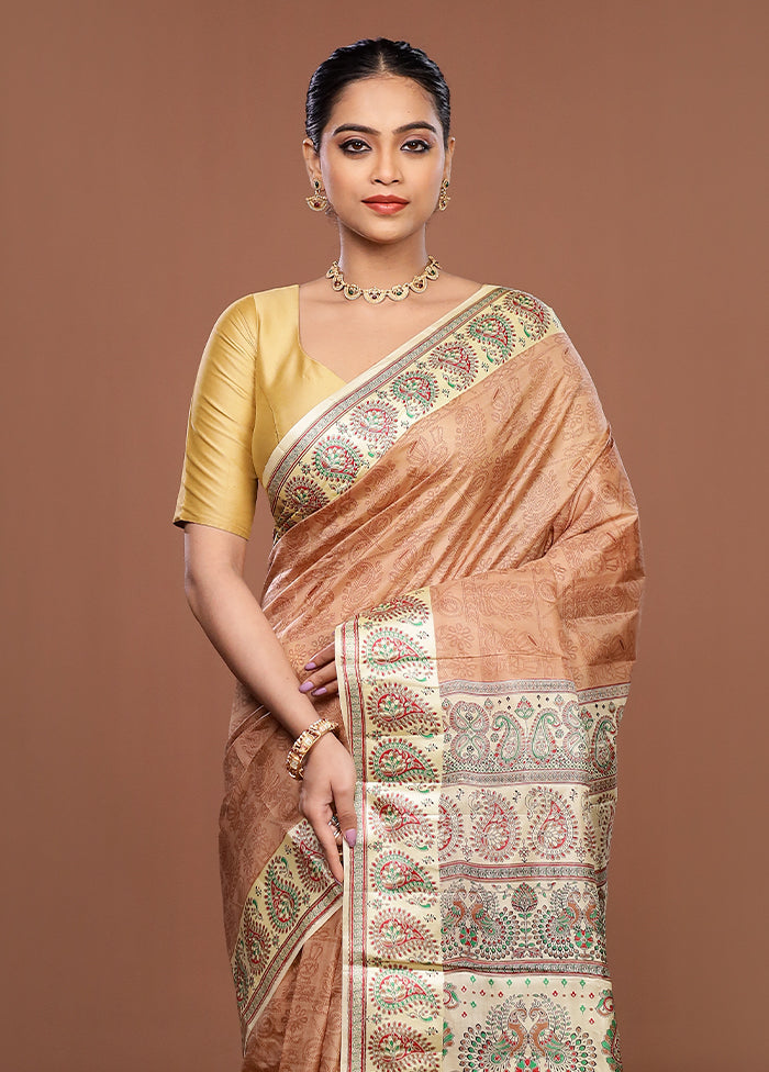 Cream Printed Pure Silk Saree Without Blouse Piece
