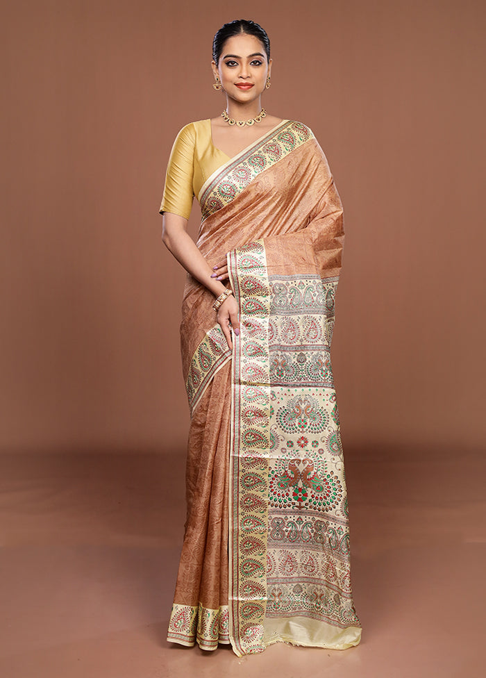 Cream Printed Pure Silk Saree Without Blouse Piece