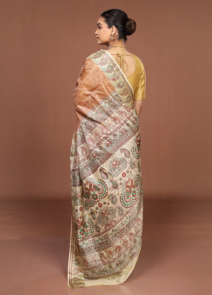 Cream Printed Pure Silk Saree Without Blouse Piece