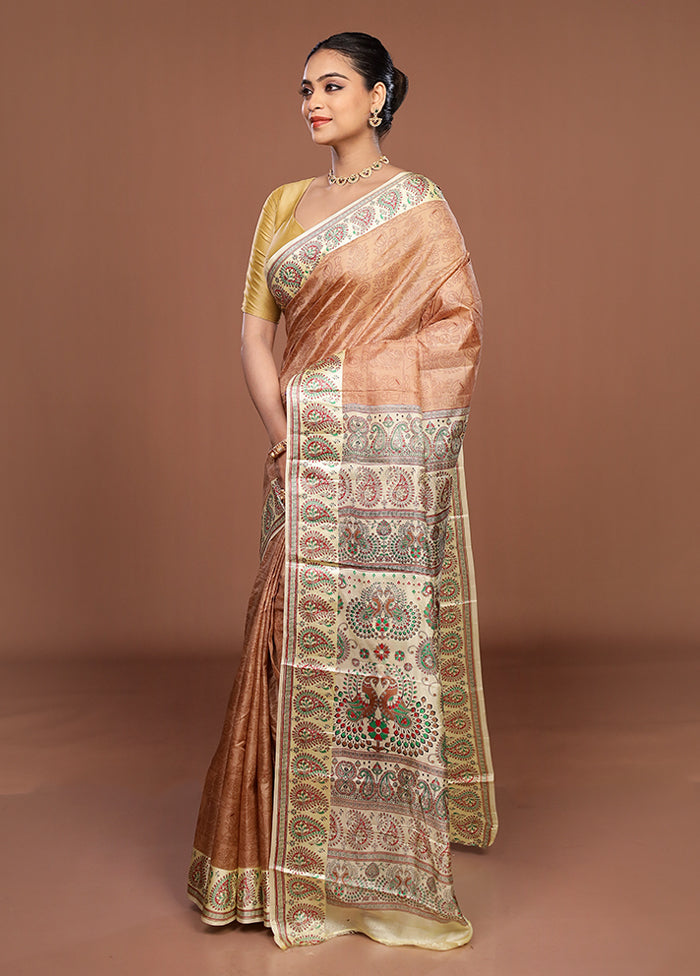 Cream Printed Pure Silk Saree Without Blouse Piece