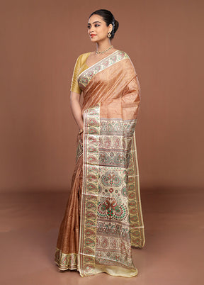 Cream Printed Pure Silk Saree Without Blouse Piece