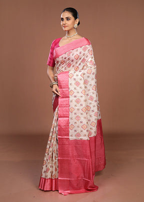 White Printed Pure Silk Saree Without Blouse Piece