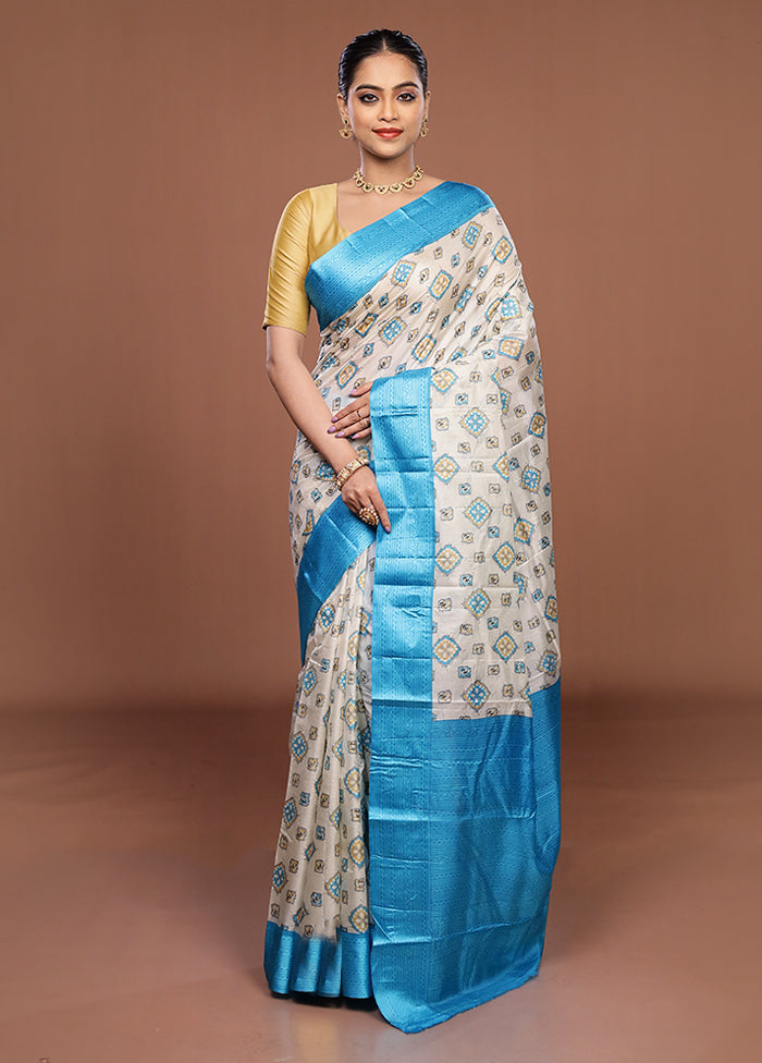White Printed Pure Silk Saree Without Blouse Piece