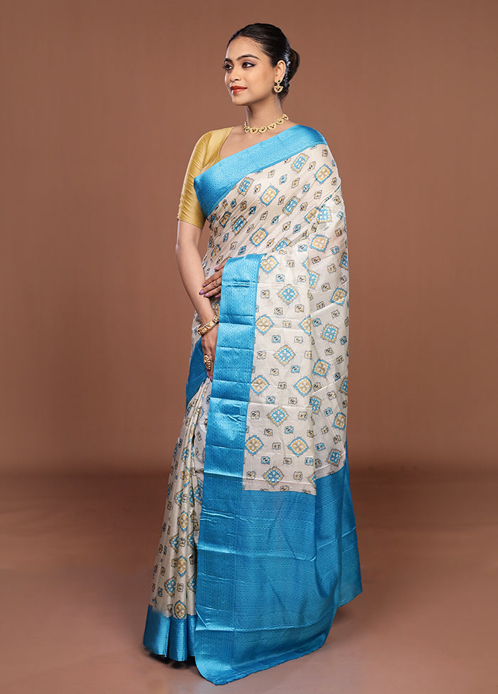 White Printed Pure Silk Saree Without Blouse Piece