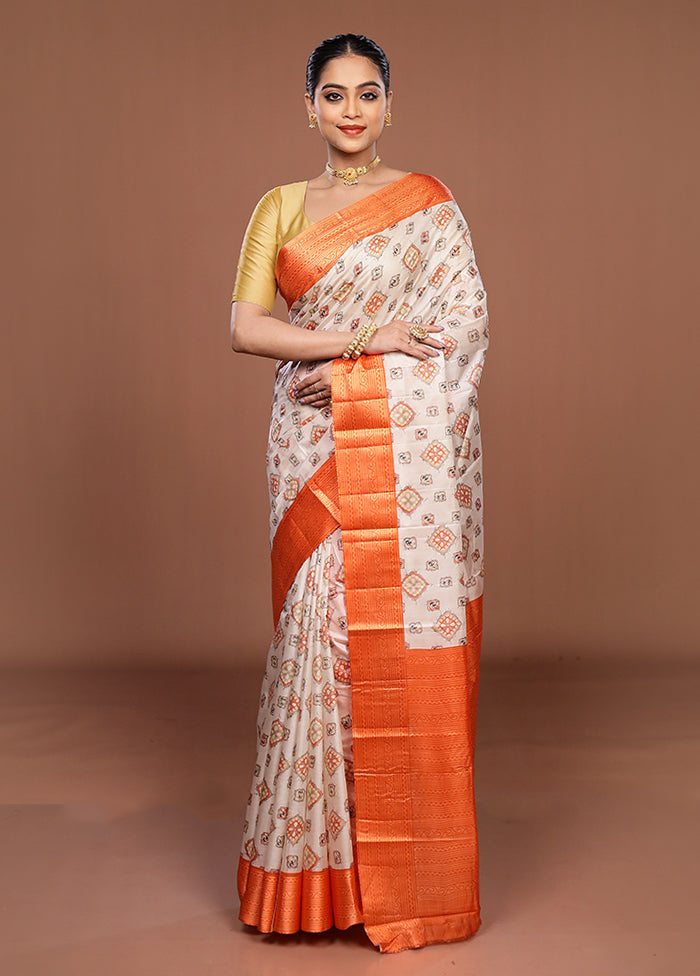White Printed Pure Silk Saree Without Blouse Piece