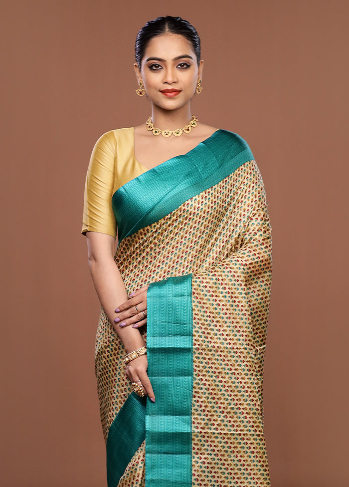 Cream Printed Pure Silk Saree Without Blouse Piece