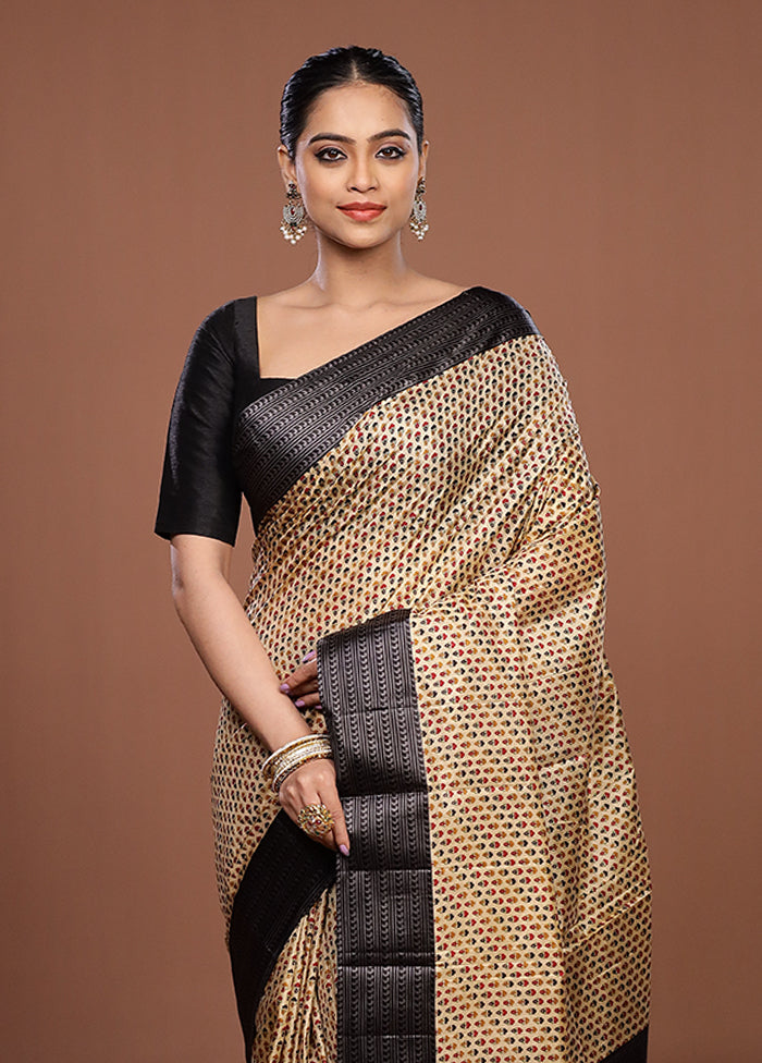 Cream Printed Pure Silk Saree Without Blouse Piece