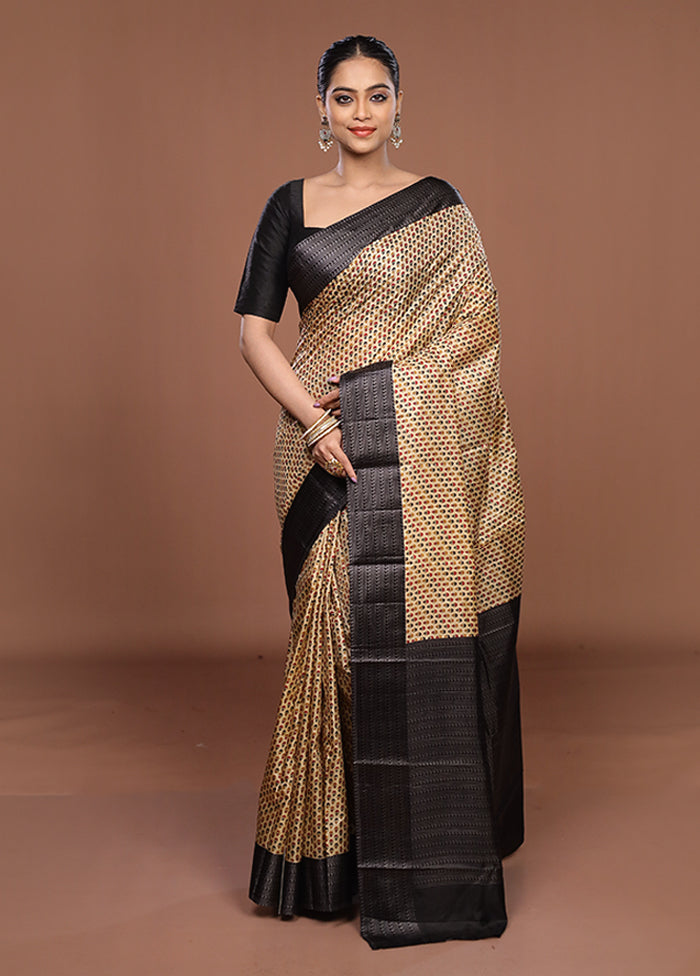 Cream Printed Pure Silk Saree Without Blouse Piece
