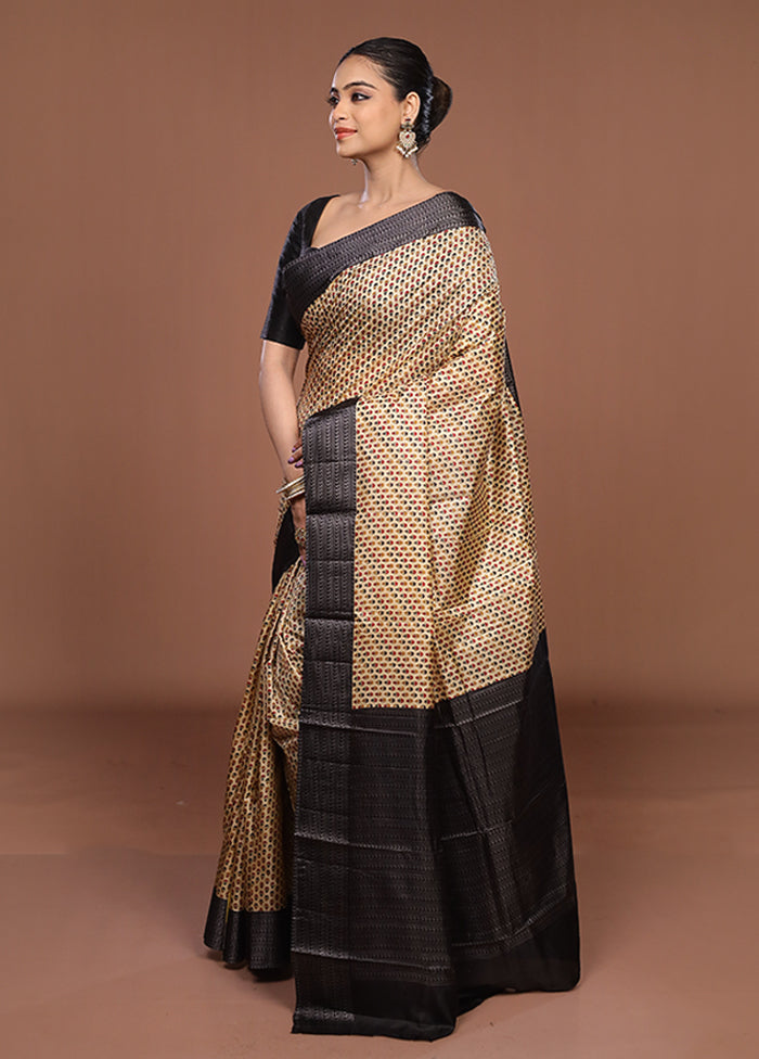 Cream Printed Pure Silk Saree Without Blouse Piece