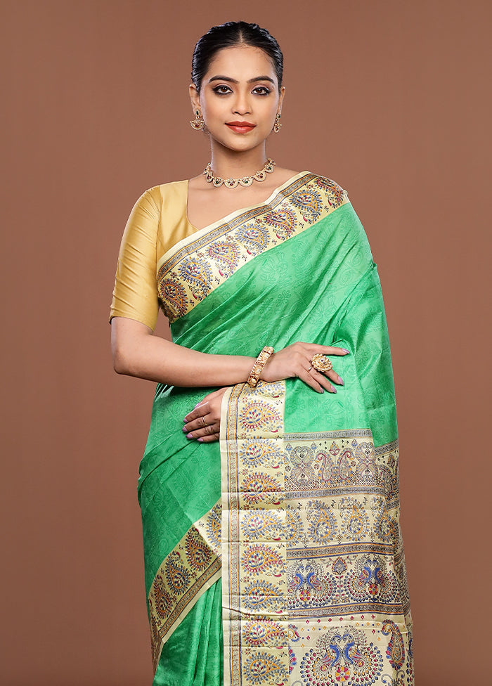 Green Printed Pure Silk Saree Without Blouse Piece