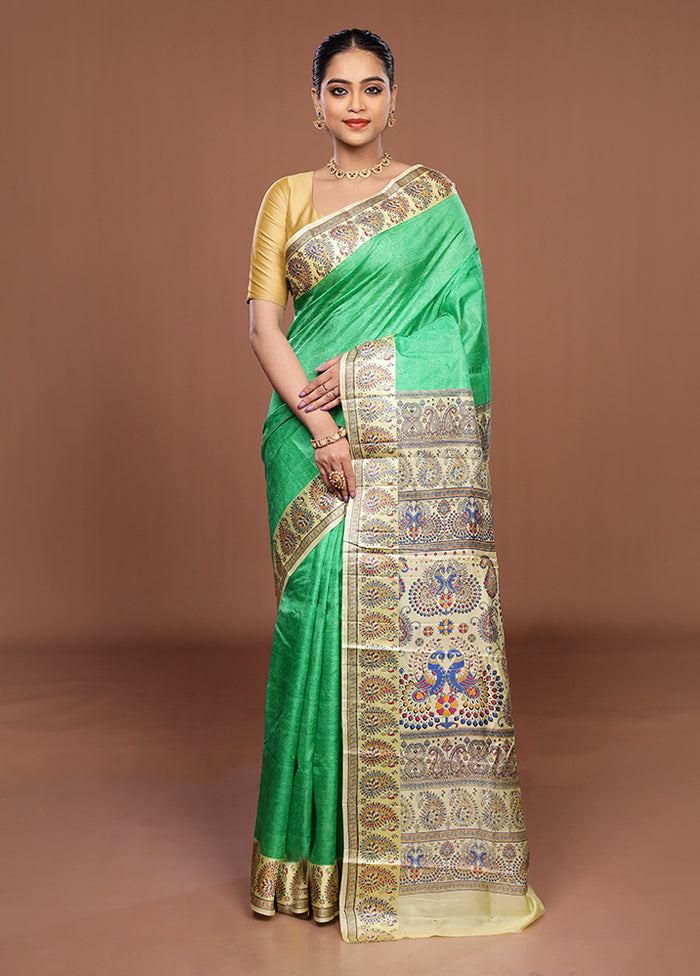 Green Printed Pure Silk Saree Without Blouse Piece