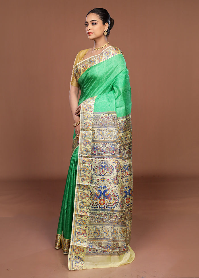Green Printed Pure Silk Saree Without Blouse Piece