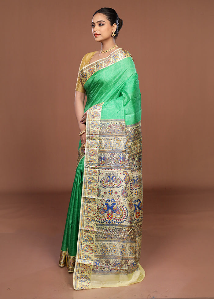 Green Printed Pure Silk Saree Without Blouse Piece