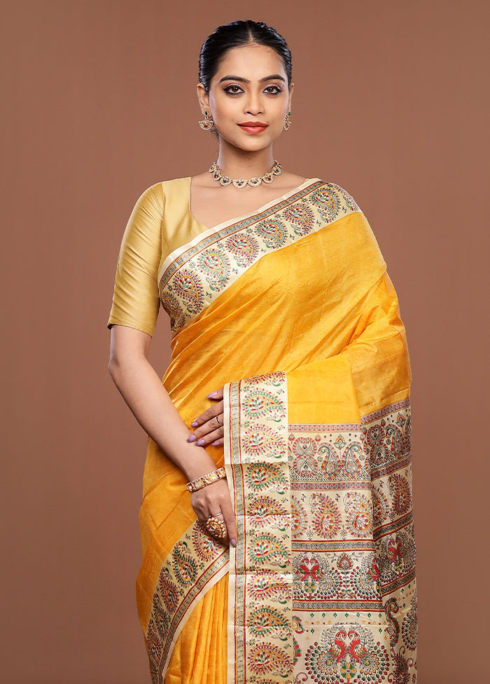 Yellow Printed Pure Silk Saree Without Blouse Piece