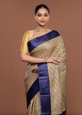 Cream Printed Pure Silk Saree Without Blouse Piece