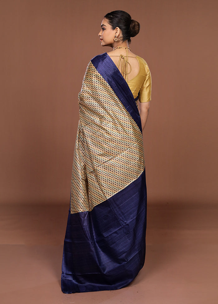 Cream Printed Pure Silk Saree Without Blouse Piece