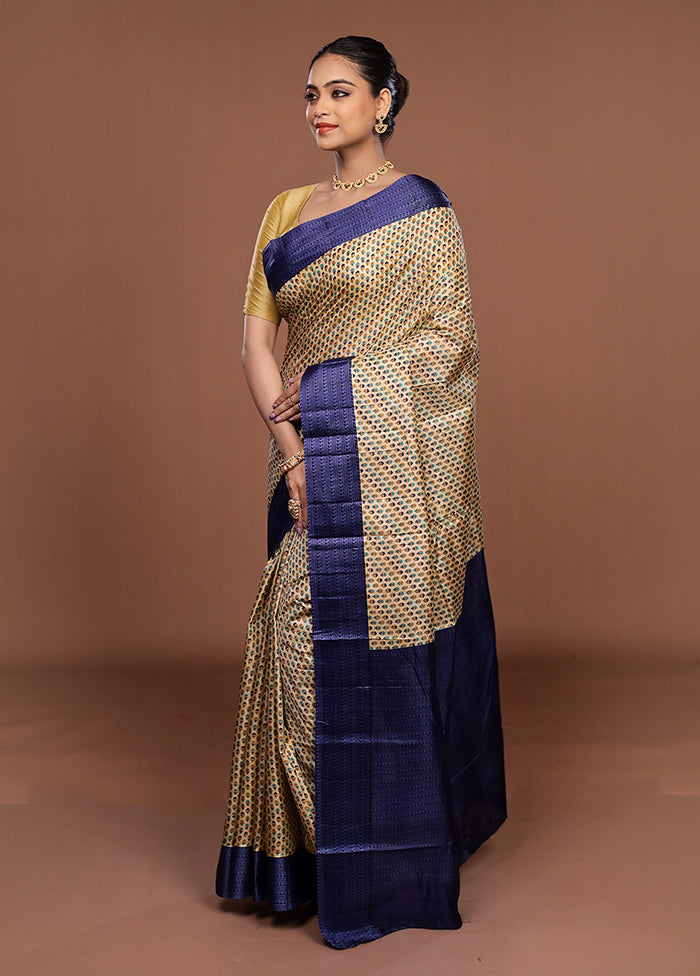 Cream Printed Pure Silk Saree Without Blouse Piece