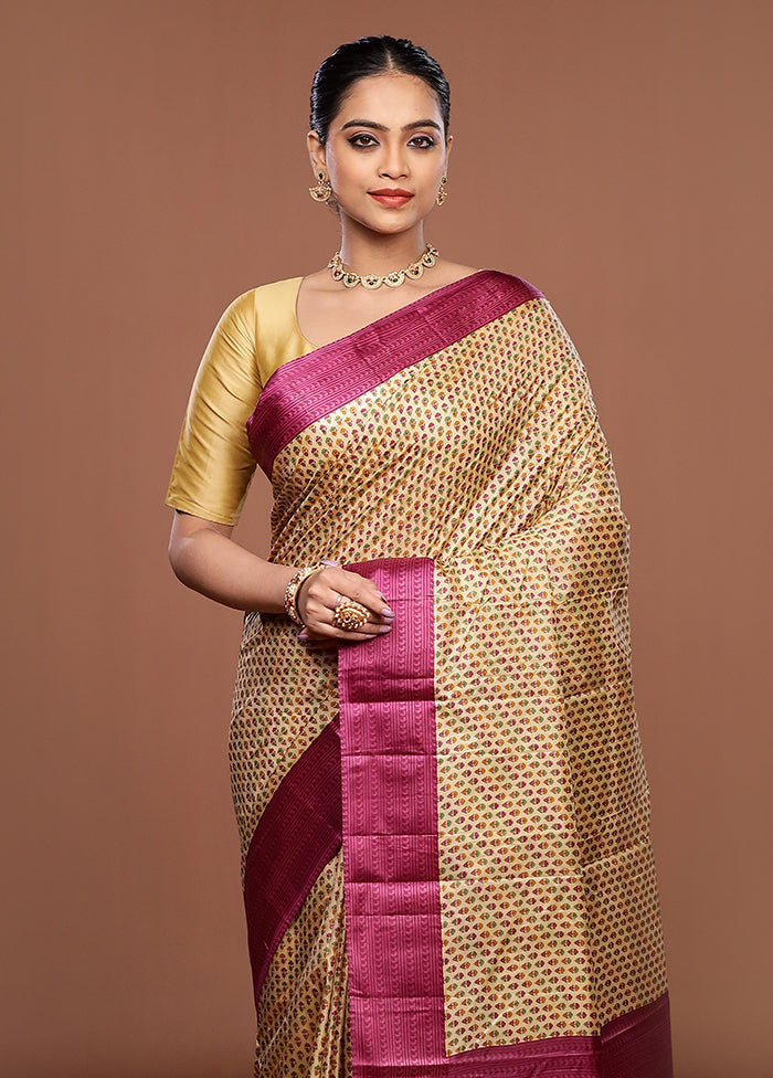 Cream Printed Pure Silk Saree Without Blouse Piece